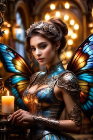 A mystical realm unfolds: candlelit candles casting shadows on ornate gears and cogs as faerie girl stretches amidst tapestry of machinery. Iridescent butterfly wings glimmer, robot cat's mechanical limbs relaxed beside her. Soft glow highlights intricate details in 8K HDR resolution with blurred bokeh effect, transporting viewer to this enchanted steampunk world.