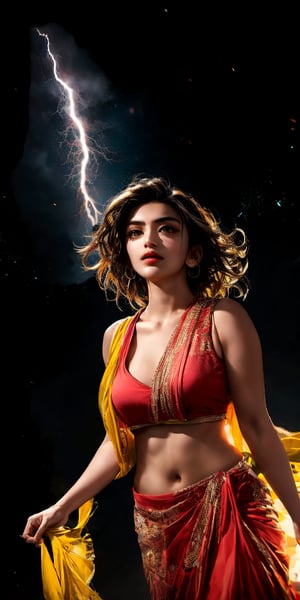 High-angle shot of a striking solo girl standing confidently within a stark black background, as if she's harnessing the power of the cosmos. Her upper body is aglow with a dynamic lightning aura, crackling with energy and illuminated by vibrant thunder flashes that dance across her skin like digital fireflies.