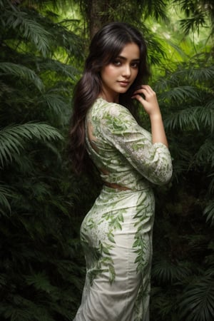 A young woman with long, dark hair stands solo against a backdrop of lush greenery and overgrown plants. She wears a flowing white dress that appears to be almost swallowed by the surrounding foliage. The sun casts dappled shadows across her features as she gazes up at a towering tree, its branches stretching towards her like skeletal fingers.