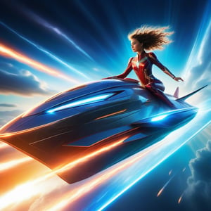 A super-powered girl, with glowing energy, maneuvering a sleek, light ship soaring through a vibrant sky, framed with dynamic angles and dramatic lighting highlighting her intense focus and the ship's sleek design.