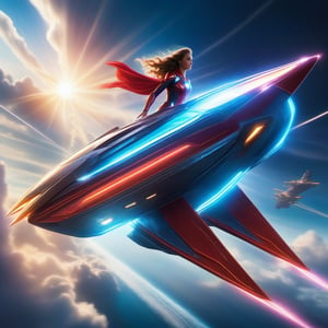 A super-powered girl, with glowing energy, maneuvering a sleek, light ship soaring through a vibrant sky, framed with dynamic angles and dramatic lighting highlighting her intense focus and the ship's sleek design.