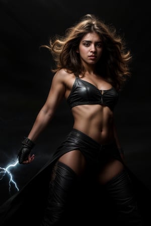 A high-quality, 8K HDR masterpiece featuring a solo girl in the FuturEvoLab style, set against a stark black background. The image captures her upper body, adorned with a dynamic lightning aura and thunder flashes, enhancing the futuristic and electrifying atmosphere.