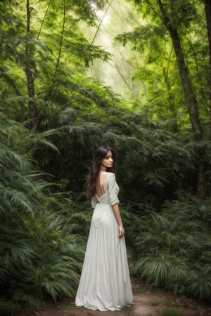 A whimsical scene unfolds: a solitary figure, adorned in a flowing white dress that seems to glow against the dappled shade of a ancient tree. Her long, dark locks cascade down her back like a waterfall of night, as she stands tall amidst an overgrown meadow, where grasses and plants have claimed their space. The air is alive with the promise of secrets whispered among the whispers of leaves.