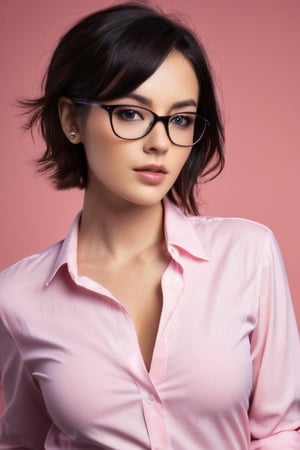  1girl, solo, breasts, looking at viewer, short hair, simple background, shirt, black hair, jewelry, closed mouth, collarbone, upper body, earrings, open clothes, glasses, collared shirt, black eyes, lips, open shirt, no bra, buttons, brown background, pink shirt, realistic, nose, unbuttoned, partially unbuttoned, unbuttoned shirt