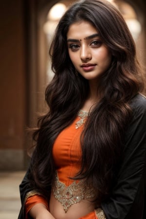 Create a hyper-realistic girl, 20 year old, : lovely cute young attractive teenage girl, cute, an Instagram model, long black_hair, colorful hair, winter, dacing, wear orange color salwar kameez, soft eyebrow 