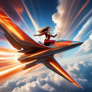 A superheroine harnesses her radiant power as she pilots a futuristic aircraft through a kaleidoscope sky, expertly framing her determined expression against a backdrop of fiery hues and ethereal clouds, while the ship's aerodynamic lines slice through the vibrant atmosphere with precision and style.