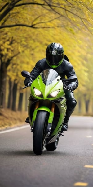 kawasaki bike on the road with a beautyful backgroud while racing 20 years man with black paaint black hoddie black and neon yellow helmate with closed helmet
background: spring season the spring season tree should be on the photo while racing the leaves should fall from the tree ,the bckground should be in the season of spring ,side view of the bike,nighttime  