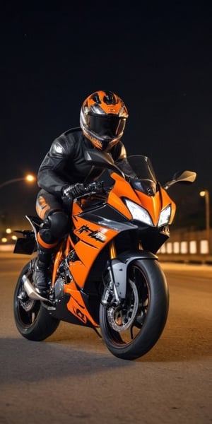 KTM Rc 390 bike on the road with a beautyful backgroud side photo 
Back ground : night on the road with the street lights  
KTM Rc390  photo from side not from front side of the bike , a 20 years boy driving  the bike with black paaint, black hoodie, orange and black colour helmet in a night light on road, with closed helmet,the photo should be by racing, while racing the bike and while riding the bike