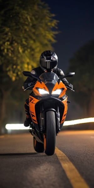 KTM Rc 390 bike on the road with a beautyful backgroud side photo 
Back ground : trees on the road with the street lights  
KTM Rc390  photo from side not from front side of the bike , a 20 years boy driving  the bike with black paaint, black hoodie, orange and black colour helmet in a night light on road, with closed helmet,the photo should be by racing, while racing the bike and while riding the bike, morninh on the road