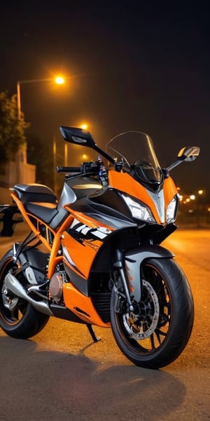 KTM Rc 390 bike on the road with a beautyful backgroud side photo 
Back ground : night on the road with the street lights  yelllow colour lights 
KTM Rc390  photo from side not from front side of the bike