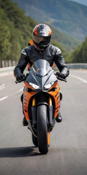 KTM Rc 390 bike on the road with a beautyful backgroud while racing 20 years man with black paaint black hoddie black and ornge helmate with closed helmet