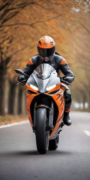 KTM Rc 390 bike on the road with a beautyful backgroud while racing 20 years man with black paaint black hoddie black and ornge helmate with closed helmet
background: spring season the spring season tree should be on the photo while racing the leaves should fall from the tree ,the bckground should be in the season of spring  