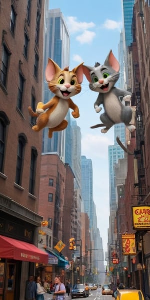 "Tom and Jerry, the iconic duo, find themselves in the heart of a bustling cartoon metropolis. Tom, with his classic feline cunning, leaps forward with outstretched paws, a mischievous glint in his eyes, while Jerry, ever resourceful, darts through the colorful streets, a step ahead with a wry grin. Surround them with the lively energy of the city: towering skyscrapers, busy streets, and a sense of whimsy in every corner. Let their timeless rivalry come to life in vivid detail, reminiscent of a classic animated masterpiece."