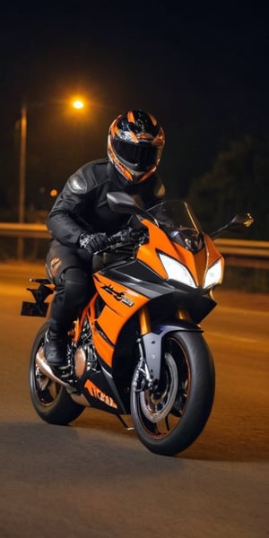 KTM Rc 390 bike on the road with a beautyful backgroud side photo 
Back ground : night on the road with the street lights  yelllow colour lights 
KTM Rc390  photo from side not from front side of the bike , a 20 years boy driving  the bike with black paaint, black hoodie, orange and black colour helmet in a night light on road, with closed helmet,the photo should be by racing