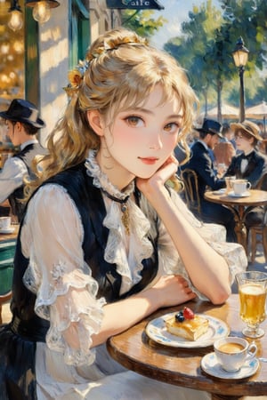 Elegantism, opulent scene, a beautiful girl sitting in a sunny European Cafe with tables outside golden summer light, Pierre Auguste Renoir style, Impressionism, stunning intricate details.t, 8k resolution. (masterpiece, top quality, best quality, official art, beautiful and aesthetic:1.2), (1girl:1.4), upper body, blonde hair, portrait, extreme detailed, super wide angle, high angle, high color contrast, medium shot, depth of field, blurry background, simple background, bokeh,impressionist painting