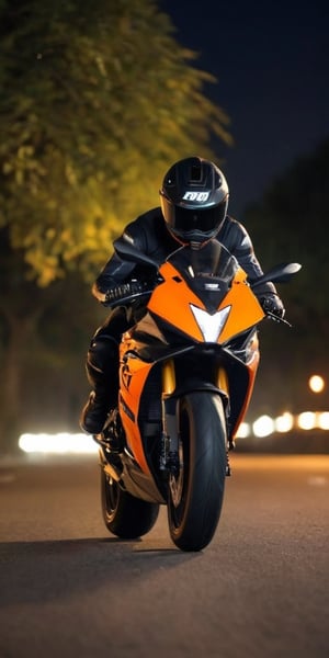 KTM Rc 390 bike on the road with a beautyful backgroud side photo 
Back ground : trees on the road with the street lights  
KTM Rc390  photo from side not from front side of the bike , a 20 years boy driving  the bike with black paaint, black hoodie, orange and black colour helmet in a night light on road, with closed helmet,the photo should be by racing, while racing the bike and while riding the bike