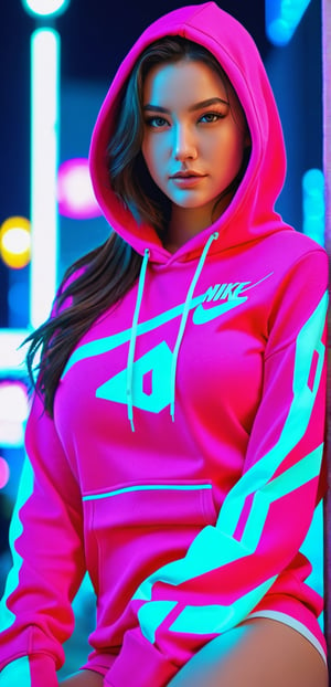 Upper body, photography a European girl, Nike logo pink hoodie, coverd head, sitting on the peak roof, the over view of futuristic cyberpunk city, looking at viewer, detailed eyes, intricate details, film grain, accent lighting, soft volumetric light, shallow depth of field, cinemagraph, night, neon lighting, floating architecture, smile,(oil shiny skin:1.0), (big_boobs:1.4), willowy, chiseled, (hunky:2.2),(( body rotation -90 degree)), (upper body:1.4),(perfect anatomy, prefecthand, dress, long fingers, 4 fingers, 1 thumb), 9 head body lenth, dynamic sexy pose, breast apart, (artistic pose of awoman),