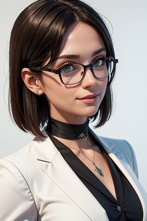 masterpiece, best quality, 3D rendering, 3DMM style, Close-up, sportrait, 3D, 1girll, smile, wearing glasses, Solo, （Brunette long hair 3.2）, choker necklace, freckles, jewelry, Look at the camera realistically, Your body top part, （White suit 1.2）Simple background and white, edged, looking away, short hair, parted lips, green eyes, gothic, necklace, making up
INFORMATION