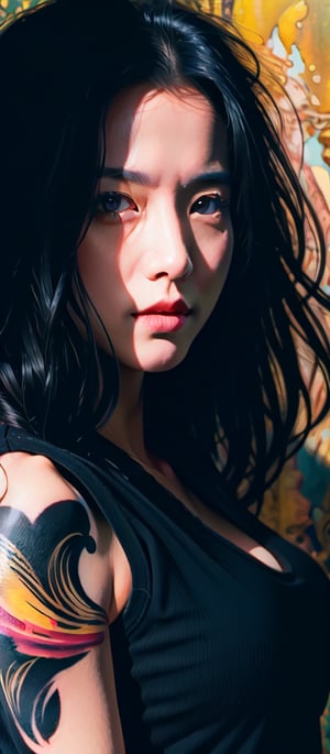 Masterpiece, Best quality, Photorealistic, Ultra-detailed, fine detail, high resolution, 8K wallpaper, Aesthetic, painterly style, modern ink, sensual Asian girl, 5 feet 3 inches in height,  expressive eyes, skimpy sleeveless superthin t-shirt with straps, no bra, braless, yakuza tattoo, expressive pose, urbanpunk, multi-layered abstract texture background, neo-expressionist, Russ Mills, Ian Miller, Harrison Fisher, Brian Froud, Jeremy Mann, Steadman, Hanuka, Klimt, Bell, Hobbie, Newton, Greg Rutkowski, atmospheric, hyperdetail, artstation trend, artgerm, deviant art, octane, masterpiece, complex art, complex details, art painting matte movie poster, golden ratio, trending on cgsociety, incredibly detailed and incredibly beautiful