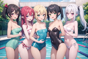 breasts, looking at viewer, blush, smile, open mouth, bangs, blue eyes, multiple girls (5 girls), blonde hair, very small breasts, black hair, red eyes, twintails, very long hair, green eyes, standing, yellow eyes, white hair, red hair, green hair, pointy ears, hairclip, pink eyes, strapless, leaning forward, wearing swimsuits, pool background