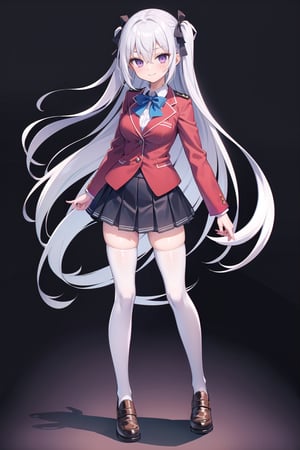 1girl, solo, long hair, breasts, looking at viewer, smile, bangs, skirt, simple background, shirt, thighhighs, long sleeves, bow, ribbon, hair between eyes, very long hair, closed mouth, school uniform, standing, purple eyes, jacket, full body, hair ribbon, white shirt, braid, white hair, pleated skirt, shoes, collared shirt, black thighhighs, miniskirt, bowtie, zettai ryouiki, black bow, blue bow, brown footwear, blazer, white skirt, wing collar, black background, loafers, red jacket, blue bowtie, grey thighhighs