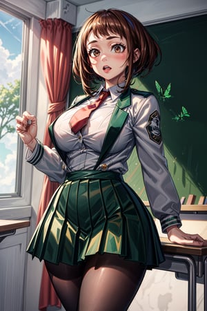 realistic anime style, highly detailed, detailed anime art, extremely detailed, detailed anime artwork, realistic anime, sfw, (full shot), 1girl, solo, uraraka ochako from Boku no hero, hmochako, sexy pose, (narrow waist, wasp waist, wide hips, big thighs, big butt, big breasts, big tits, hourglass shape, curvy, voluptuous, sexy, Detailedface, short hair, brown hair, brown eyes, schoolgirl, school uniform, green skirt, pleated skirt, red necktie, black pantyhose, tights, white shirt, long sleeves, grey jacket, detailed background, classroom), blush stickers,medium breasts