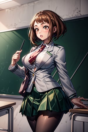 realistic anime style, highly detailed, detailed anime art, extremely detailed, detailed anime artwork, realistic anime, sfw, (full shot), 1girl, solo, uraraka ochako from Boku no hero, hmochako, sexy pose, (narrow waist, wasp waist, wide hips, big thighs, big butt, big breasts, big tits, hourglass shape, curvy, voluptuous, sexy, Detailedface, short hair, brown hair, brown eyes, schoolgirl, school uniform, green skirt, pleated skirt, red necktie, black pantyhose, tights, white shirt, long sleeves, grey jacket, detailed background, classroom), blush stickers,medium breasts