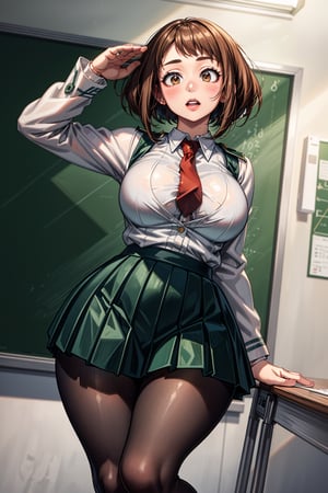 realistic anime style, highly detailed, detailed anime art, extremely detailed, detailed anime artwork, realistic anime, sfw, (full shot), 1girl, solo, uraraka ochako from Boku no hero, hmochako, sexy pose, (narrow waist, wasp waist, wide hips, big thighs, big butt, big breasts, big tits, hourglass shape, curvy, voluptuous, sexy, Detailedface, short hair, brown hair, brown eyes, schoolgirl, school uniform, green skirt, pleated skirt, red necktie, black pantyhose, tights, white shirt, long sleeves, grey jacket, detailed background, classroom), blush stickers,medium breasts