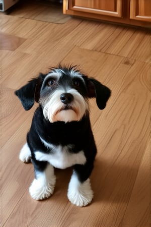 ((Short hair)) fox terrier, black coat with white chest. sitting on a kitchen floor looking up.