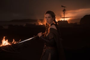 Nordic Warrior woman. Pale skin, Dark brown hair. Braids. Chainmail. Holding a long knife in her hand.
Smokey background, battlefield, flames, corpses.
Longship at anchor in far background. Sunset