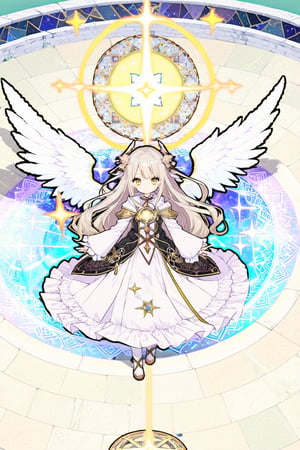 1girl, solo, long hair, looking at viewer, bangs, dress, full body, white hair, sparkle,Marble Flooring,long skirt,yellow magic circle,white wings,In the Cathedral