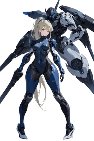 masterpiece, best quality, aesthetic,cyborg, 1girl, solo, long_ponytail,  long hair, full body,  standing, high heels, breasts, robot joints, white background, simple background, medium breasts,  futuristic bodysuit, realistic,knight,toki \(blue_archive\),robot,looking_at_viewer,toki \(blue archive\)