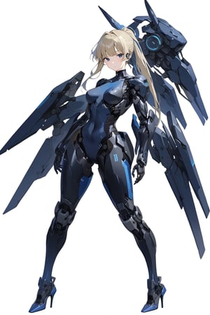 masterpiece, best quality, aesthetic,cyborg, 1girl, solo, long_ponytail,  long hair, full body,  standing, high heels, breasts, robot joints, white background, simple background, medium breasts,  futuristic bodysuit, realistic,knight,toki \(blue_archive\),robot,toki \(blue archive\) , looking_at_viewer,