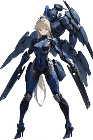 masterpiece, best quality, aesthetic,cyborg, 1girl, solo, ponytail,  long hair, full body,  standing, high heels, breasts, robot joints, white background, simple background, medium breasts,  futuristic bodysuit, realistic,knight,toki \(blue_archive\),robot,looking_at_viewer,toki \(blue archive\)