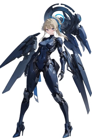 masterpiece, best quality, aesthetic,cyborg, 1girl, solo, long_ponytail,  long hair, full body,  standing, high heels, breasts, robot joints, white background, simple background, medium breasts,  futuristic bodysuit, realistic,knight,toki \(blue_archive\),robot,toki \(blue archive\) , looking_at_viewer,