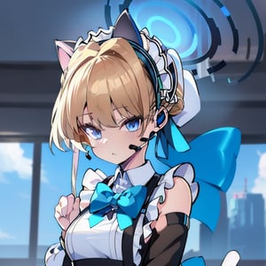 1girl, solo, looking at viewer, blue eyes, blonde hair, bow, animal ears, tail, cat ears, bowtie, chibi, cat tail, blue bow, :<, black headset, triangle mouth,maid clothes,happy,toki