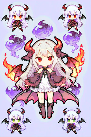 1girl, solo, long hair, looking at viewer, bangs, red eyes, closed mouth, full body, white hair, wings, chibi, fire, demon wings, red wings