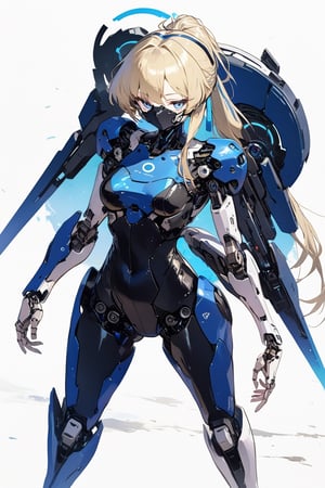 masterpiece, best quality, aesthetic,cyborg, 1girl, solo, long_ponytail, gold_long hair, full body,  standing, high heels, breasts, robot joints, white background, simple background, medium breasts,  futuristic bodysuit, realistic,knight,toki \(blue_archive\),robot,looking_at_viewer,toki \(blue archive\)