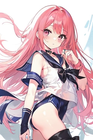 Wearing a complete short-sleeved sailor suit on the upper body,Hidden inside is the Liansheng competitive swimsuit,pink long hair,pink eye,prairie,character design drawings,whole body,Black boots,((Left thigh ring)),fantasy,ass,solo