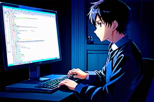 best quality, masterpiece,anime,a man looking at the computer screen,in dark room