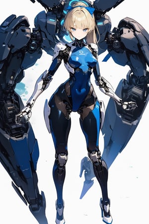 masterpiece, best quality, aesthetic,cyborg, 1girl, solo, ponytail,  long hair, full body,  standing, high heels, breasts, robot joints, white background, simple background, medium breasts,  bodysuit, realistic,knight,toki \(blue_archive\),robot