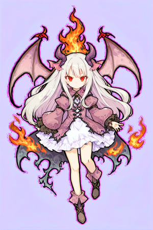 1girl, solo, long hair, looking at viewer, bangs, red eyes, closed mouth, full body, white hair, wings, fire, demon wings, red wings