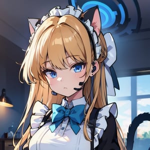 (masterpiece:1.2), best quality, highres,extremely detailed CG,perfect lighting,8k wallpaper,
1girl, solo, looking at viewer, blue eyes, blonde hair, bow, animal ears, tail, cat ears, bowtie, chibi, cat tail, blue bow, :<, black headset, triangle mouth,maid clothes,happy,toki