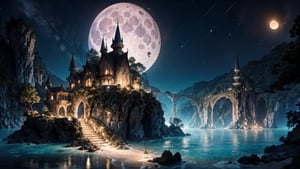 masterpiece, best quality, aethetic, Stars that shimmer and twinkle, creating a magical and enchanting atmosphere, blue sea, big beautiful moon, bluesea, sea, wrench_elven_arch