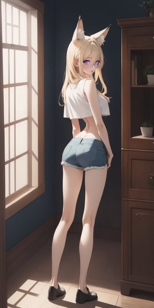 by oda non by yogisya, a very skinny girl looking out the window, standing, blonde hair, sexy, purple eyes, fox ears, fox tails, sexy crop top, glasses, indoors, narrow storage room, detailed background, twilight, intimacy, soft lighting, masterpiece, best quality, high quality, highres, very detailed, high resolution, sharp, sharp image, 8k, vivid, colorful, stunning, anime, aesthetic, skinny, full body, full-body_portrait, (purple eyes), big tits, denim shorts, big_boobies, ,round ass