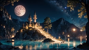 masterpiece, best quality, aethetic, Stars that shimmer and twinkle, creating a magical and enchanting atmosphere, blue sea, big beautiful moon, bluesea, sea, wrench_elven_arch