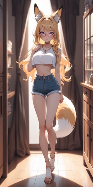 by oda non by yogisya, a very skinny girl looking out the window, standing, blonde hair, sexy, purple eyes, fox ears, fox tails, sexy crop top, glasses, indoors, narrow storage room, detailed background, twilight, intimacy, soft lighting, masterpiece, best quality, high quality, highres, very detailed, high resolution, sharp, sharp image, 8k, vivid, colorful, stunning, anime, aesthetic, skinny, full body, full-body_portrait, (purple eyes), big tits, denim shorts, big_boobies, Foxtail, 