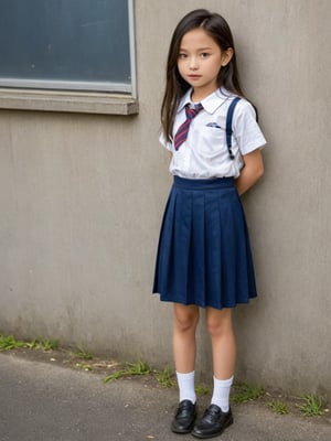 A ten-year-old little girl, full body photo, wearing a school uniform being punished at school