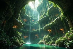 A photorealistic depiction of an underground city, where a majestic, futuristic structure appears to be grown organically from the ceiling. The building's curves and tendrils are adorned with lush greenery, vines, and flowers, as if it's been naturally cultivated. Soft, ambient lighting casts a warm glow on the natural beauty within, with delicate droplets of water glistening on the verdant surfaces.