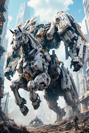 A majestic giant mecha horse, its metallic coat gleaming in the bright sunlight, rears up on its hind legs as a behemoth of a giant mecha robot descends upon it. The robot's imposing frame towers over the horse, its mechanical limbs outstretched like a predator about to strike. The air is filled with the rumble of engines and the clash of metal as the two titans engage in an epic battle, set against a backdrop of ruined cityscape.